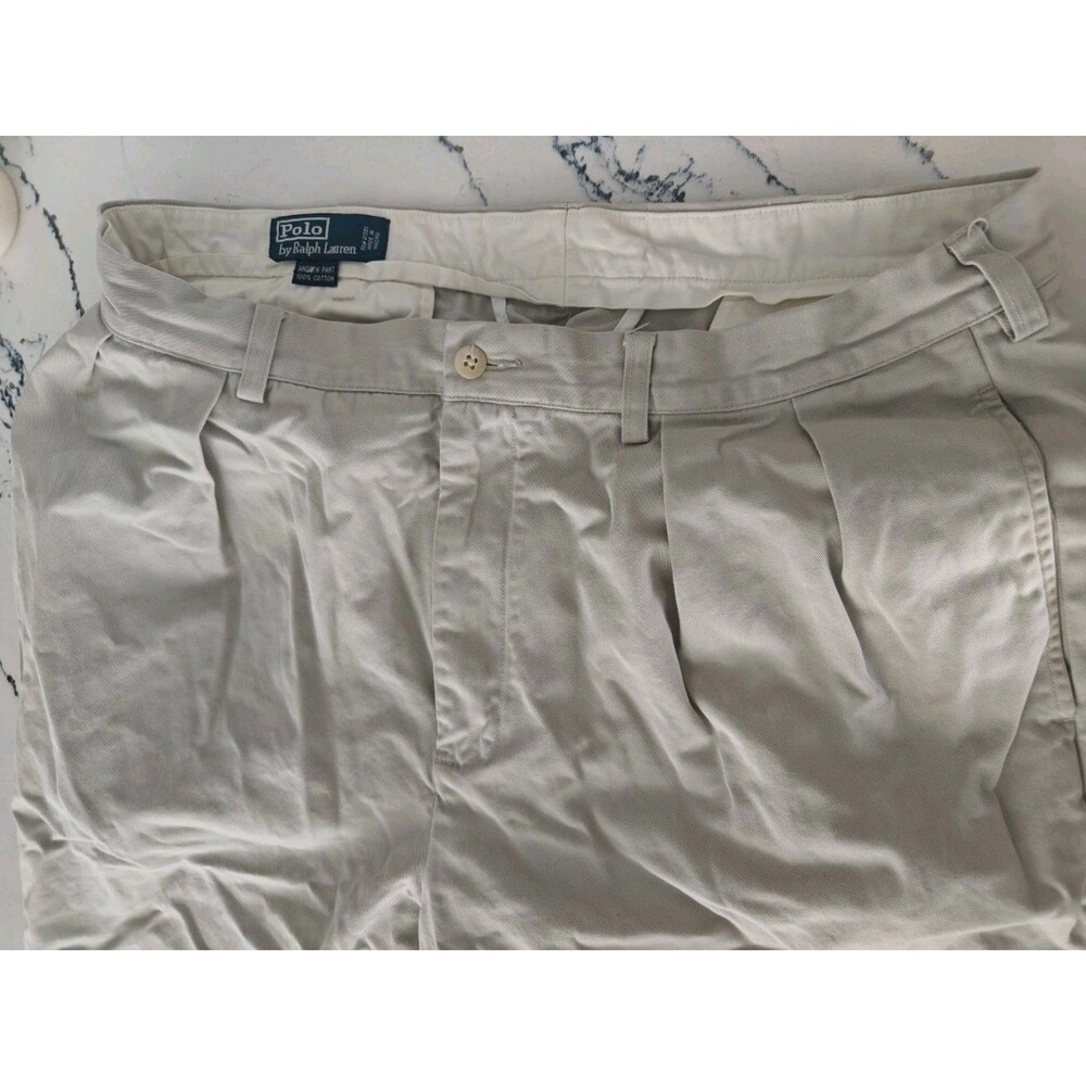 Polo Ralph Lauren Andrew Pant Men 38x29 Khaki Beige Pleated Cotton Chino Trouser